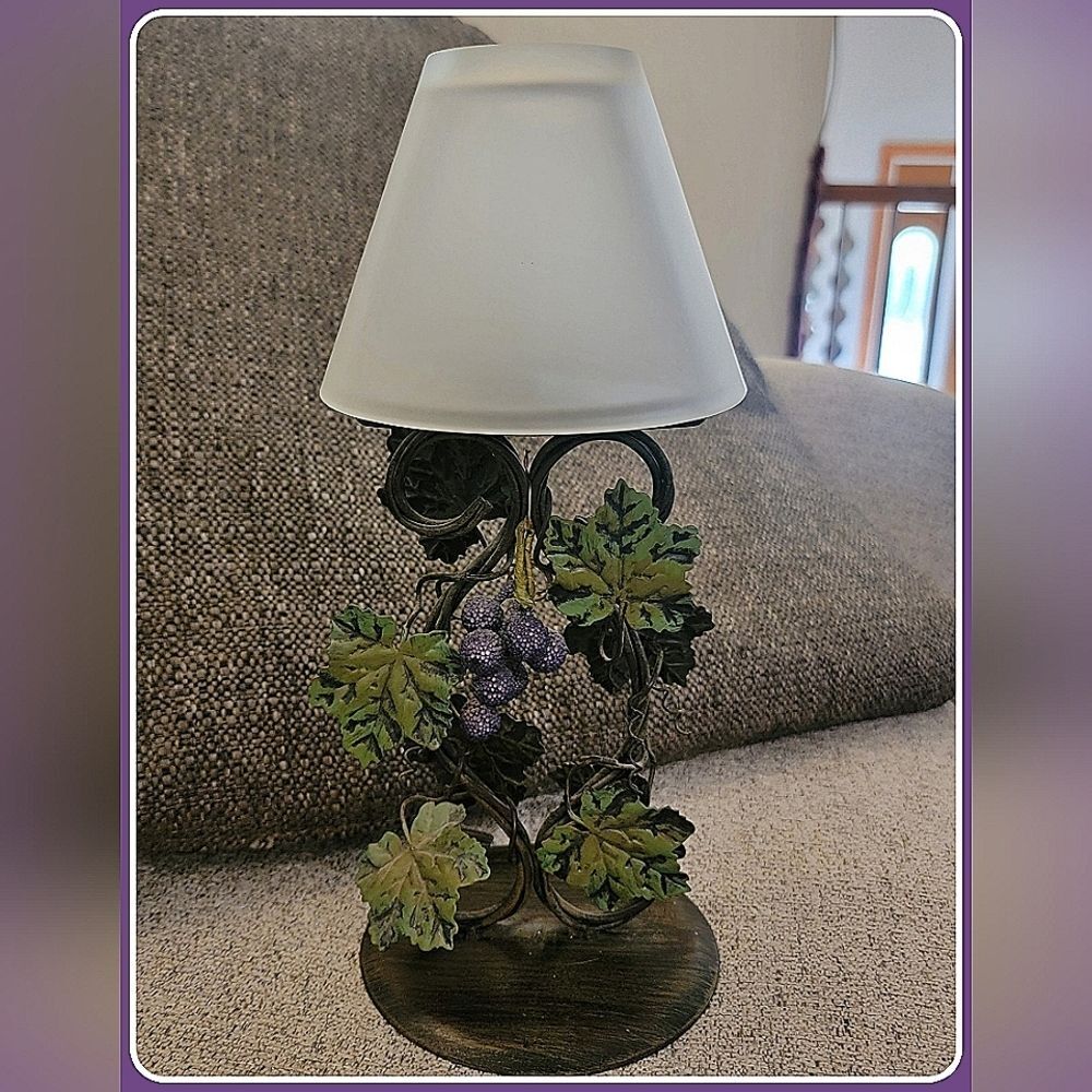 #Wrought Iron Tea Candle Holder Ivy Grapes with Frosted Glass Lampshade